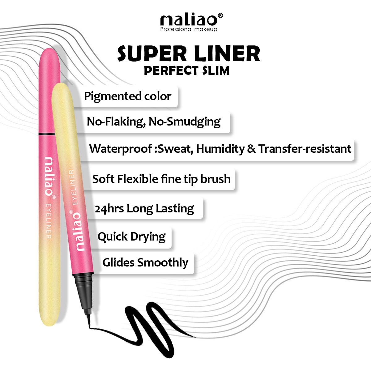 Maliao Super Liner Perfect Slim Waterproof No-Flaking No-Smudging Fine Tip Brush Eye Liner