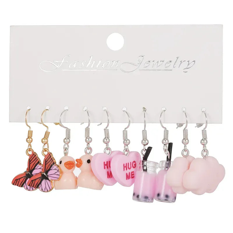 Fashion Jewellery Cute Duck Butterfly Heart Hug Me Love Earrings 5Pcs Set