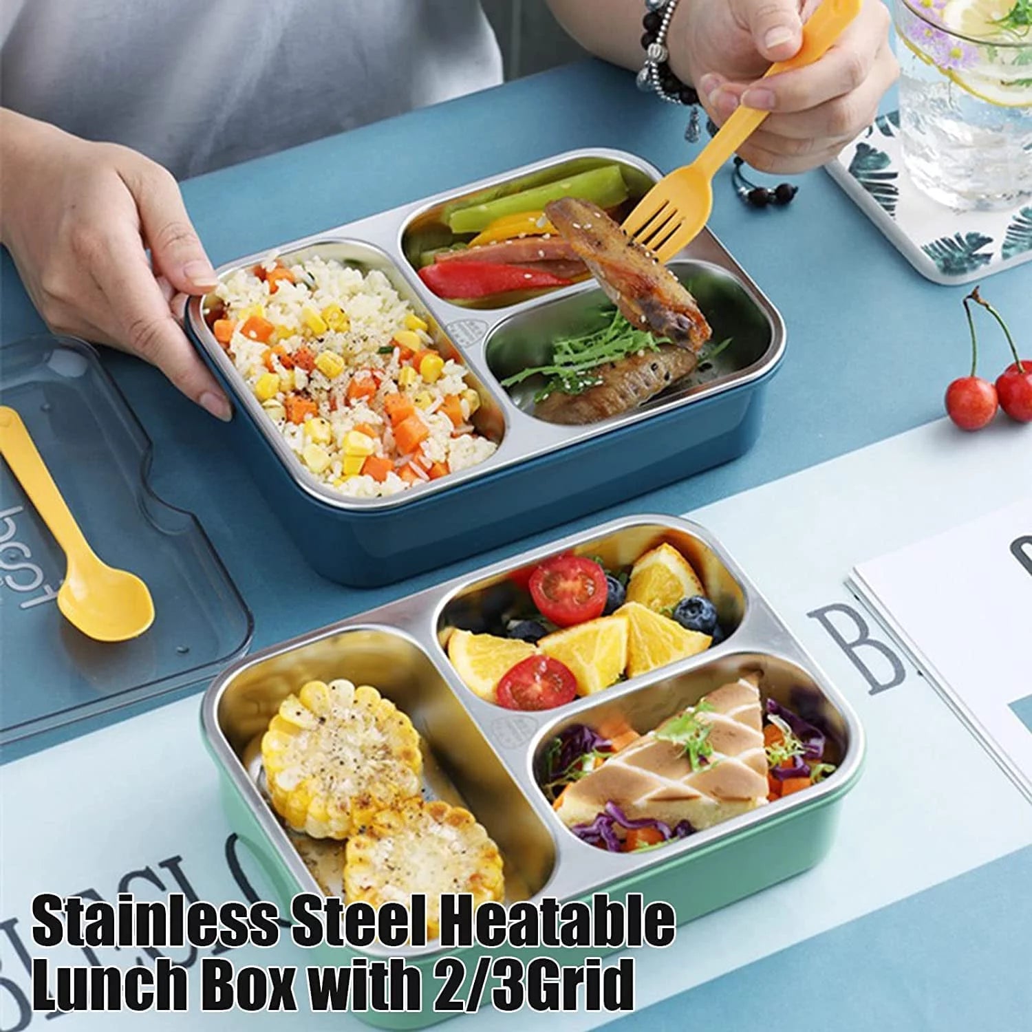 Stainless Steel Lunch Box 3 Compartment with Removable Inner Plate Reu ...