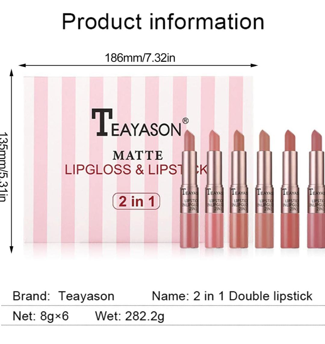 TEAYASON 6 Pcs Matte 2in1 Lipgloss & Lipstick Set