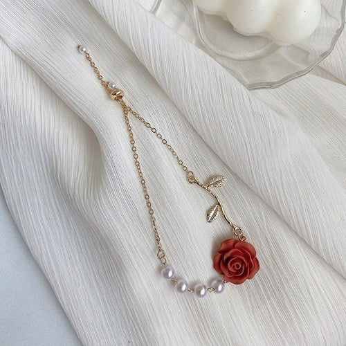Fashion Jewellery Red Rose With Pearls Bracelet