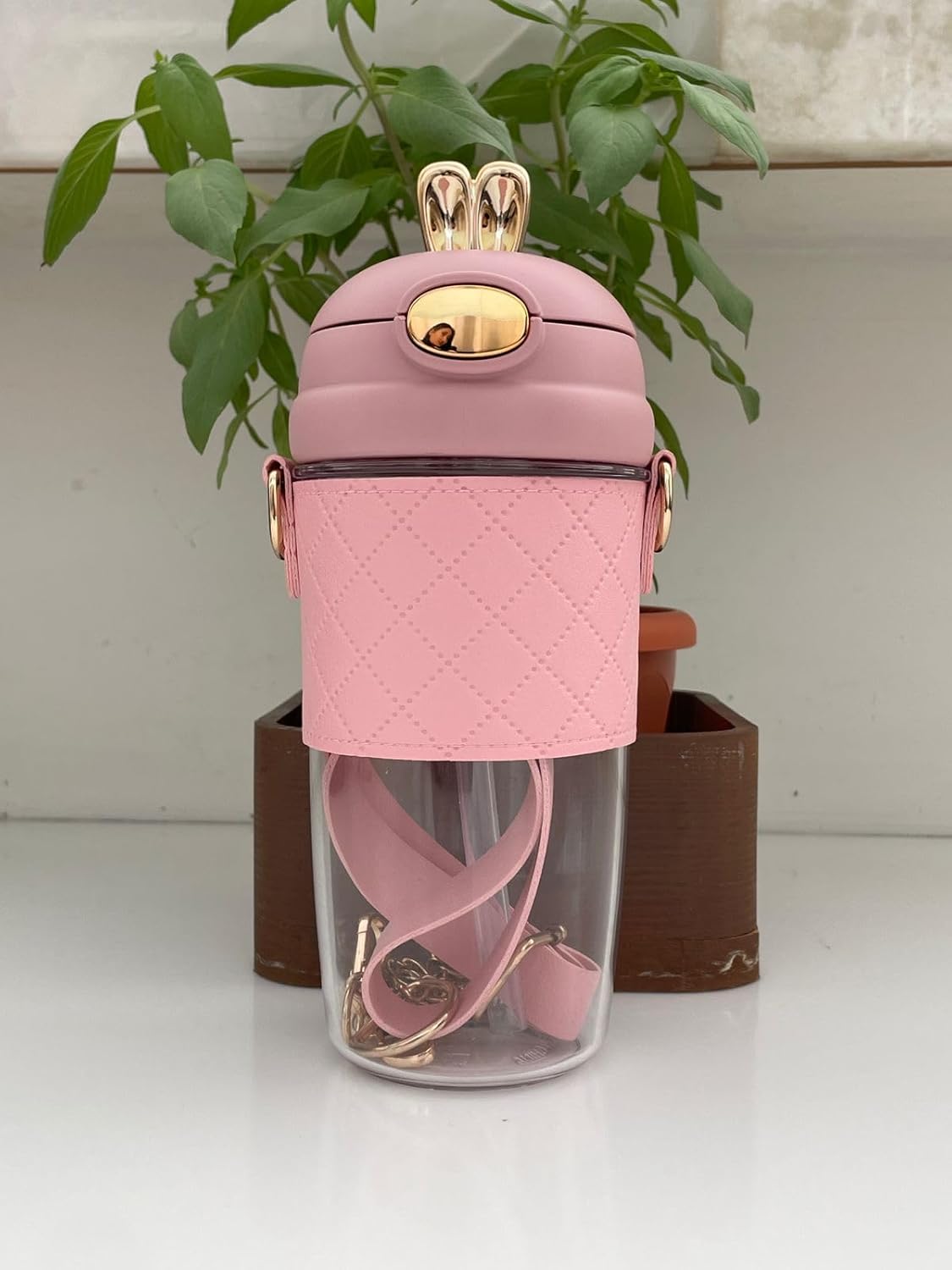 Cute Rabbit Ear Plastic Water Bottles With Leather Sleeve Straw And Strap 500ml