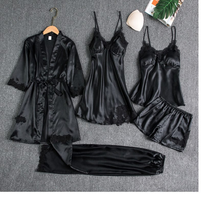5 Pcs Silk Non Padded Nighty Set Black BG9567