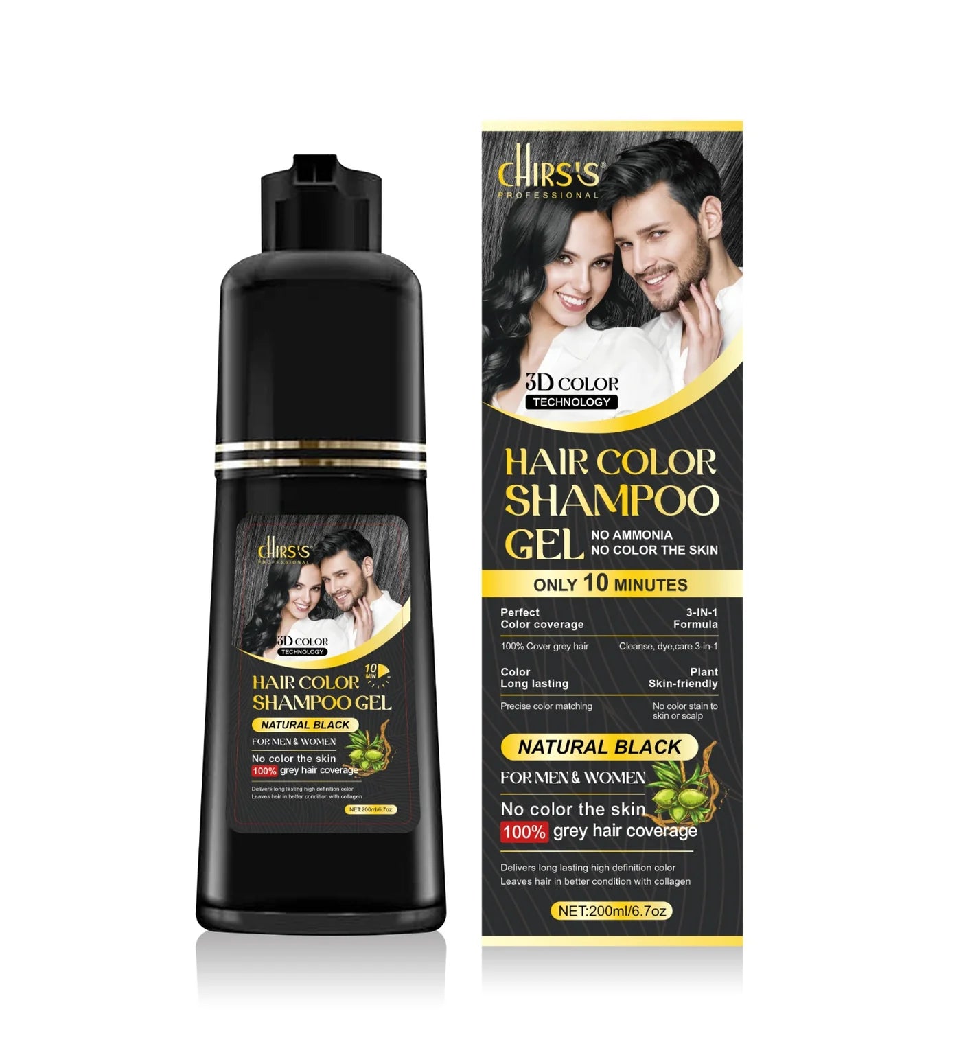 Chriss Professional 3d 3in1 Hair Color Shampoo Gel – No Ammonia | 100% Grey Coverage | for Men & Women | 200ml (LIGHT BROWN)