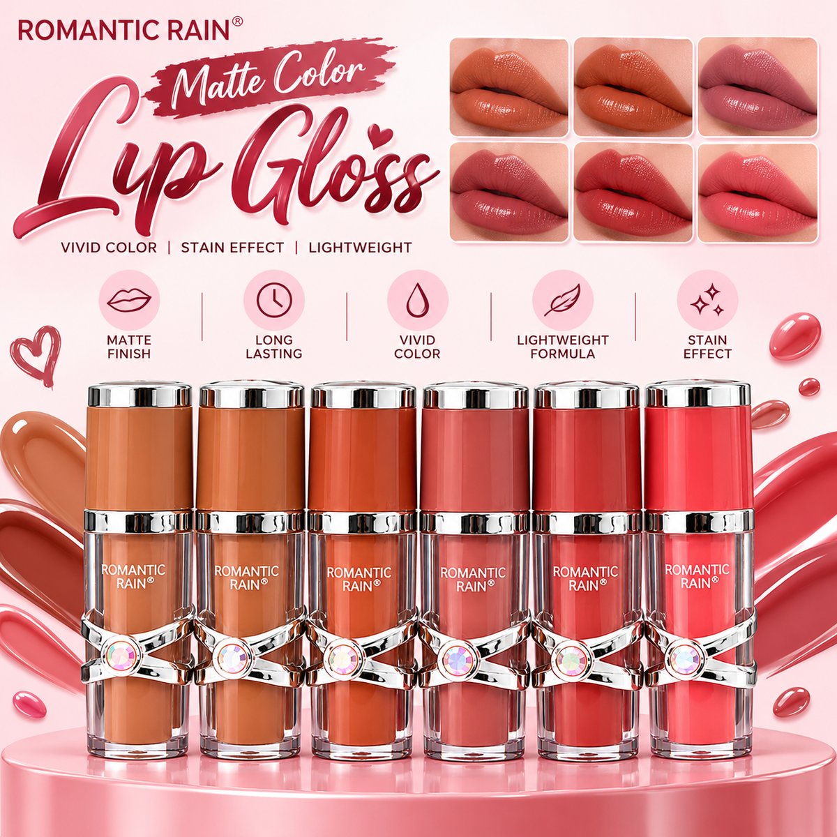 Romantic Rain Matte Color Lip Gloss – Set of 6