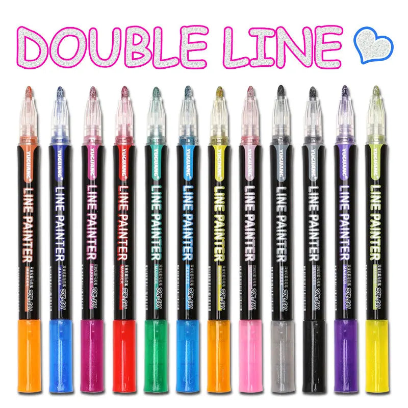Outline Pen Double Line Contour Art Marker Pen Glitter Sparkle Highlighter Pack of 12