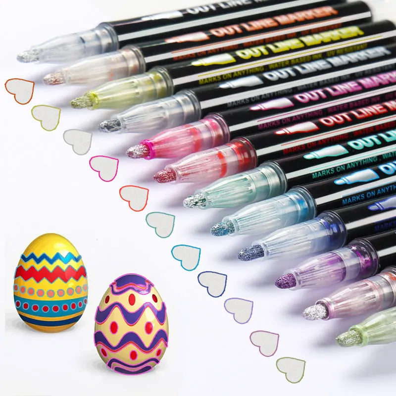 Outline Pen Double Line Contour Art Marker Pen Glitter Sparkle Highlighter Pack of 12