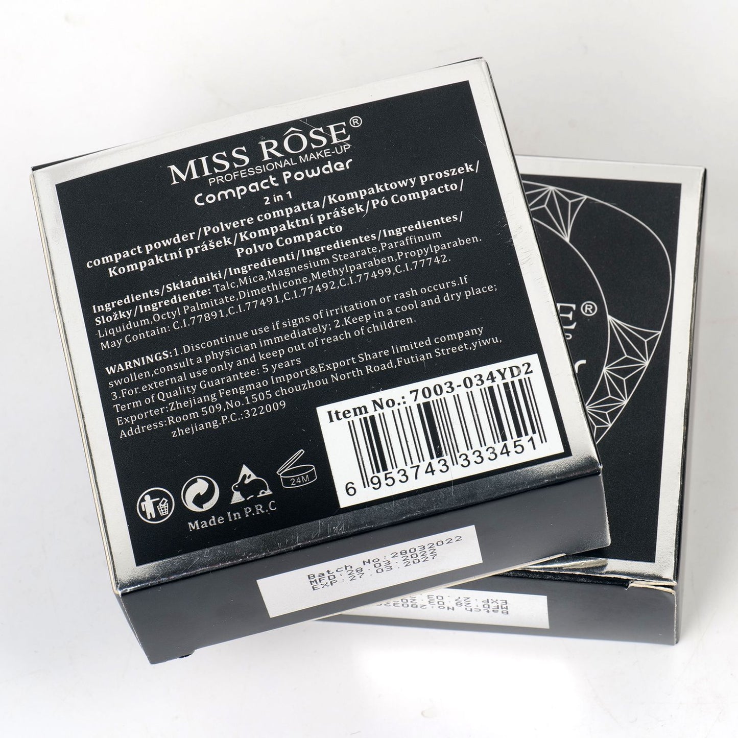 Miss Rose 2in1 Bright Double Layer Compact Black Triangle Face Powder