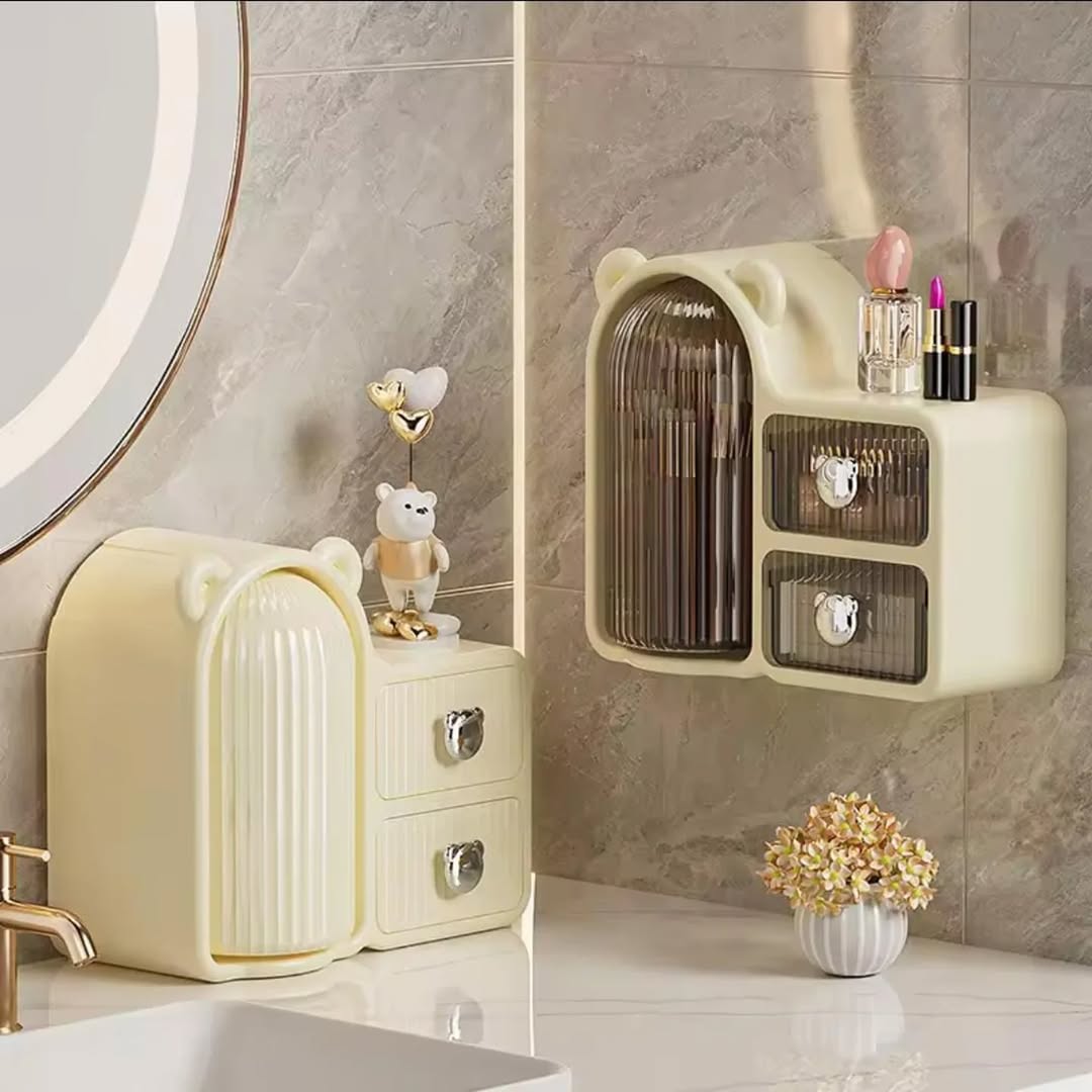 Bear Shaped 360 Makeup Brush Holder Wall-Mounted Dustproof With Drawer Lid