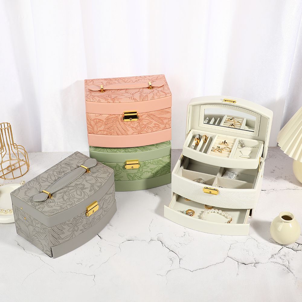 Multipurpose 3 Layer Luxury Self Textured Leather Jewelry Box Medium Size With Mirror Style BT-02