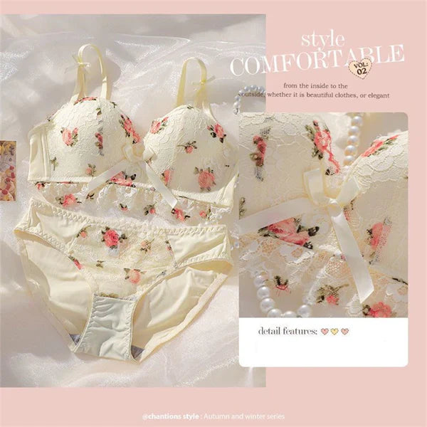 Beautygirl Cute Lace Flower Embroided Adjustable Straps Push Up Bridal Padded Bra and panty 017 Color