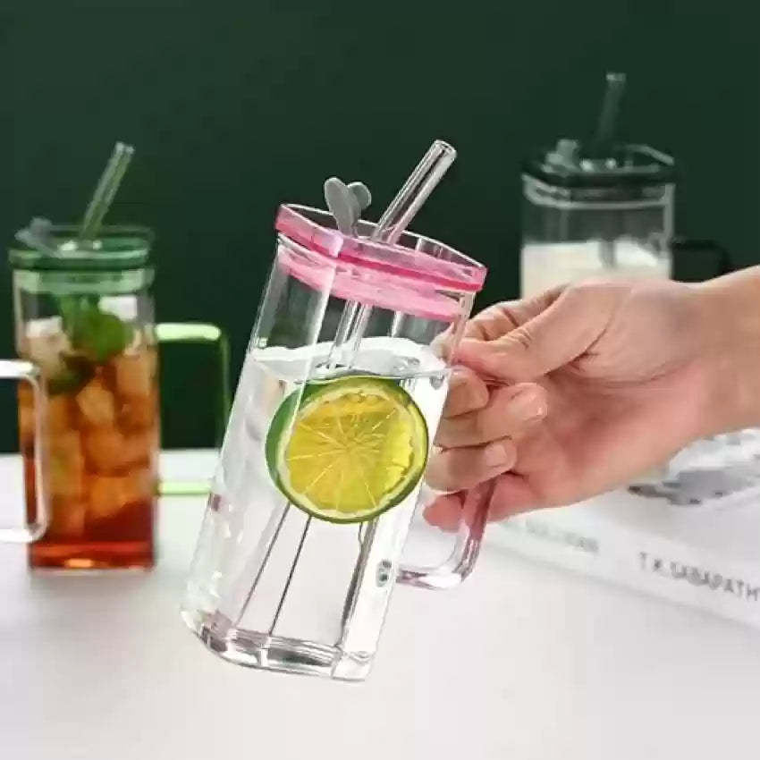 Borosilicate Transparent Square Glass Mug Tumbler With Plastic Lid And Sipper Straw 55501