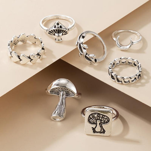 Fashion Jewelry 7 Pcs Mushroom Style Silver Antique Ring