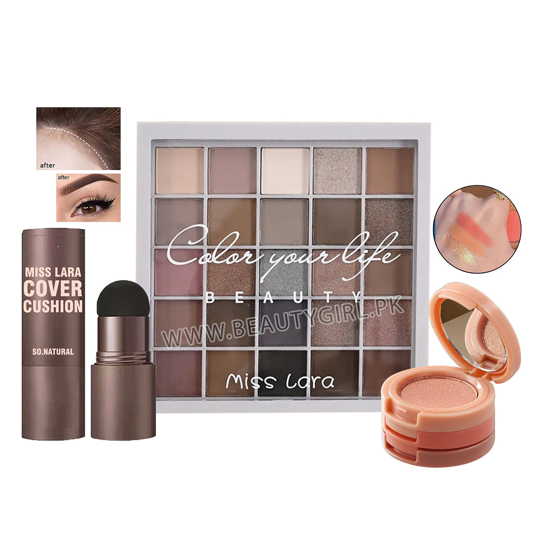 Miss Lara Eyeshadow Palette, 2In1 Hairline & Eyebrow Shaping Stamp & 3in1 Blusher + Highlighter