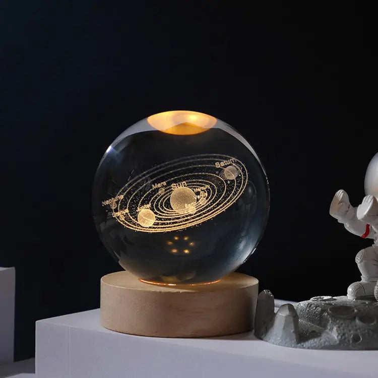 Night Lights 3D Solar System Crystal Ball Night Light Warm White Wooden Base Fantasy Decoration Ball Projection Lamp