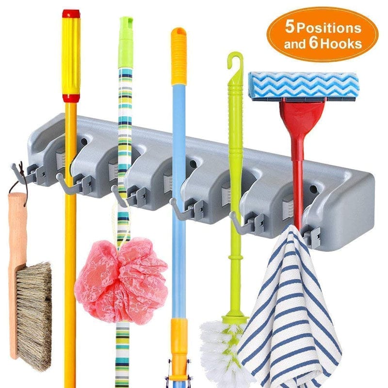 Multipurpose Wall Mounted Mop Holder Hanging Broom Holder Stand 5 Positions with 6 Hooks