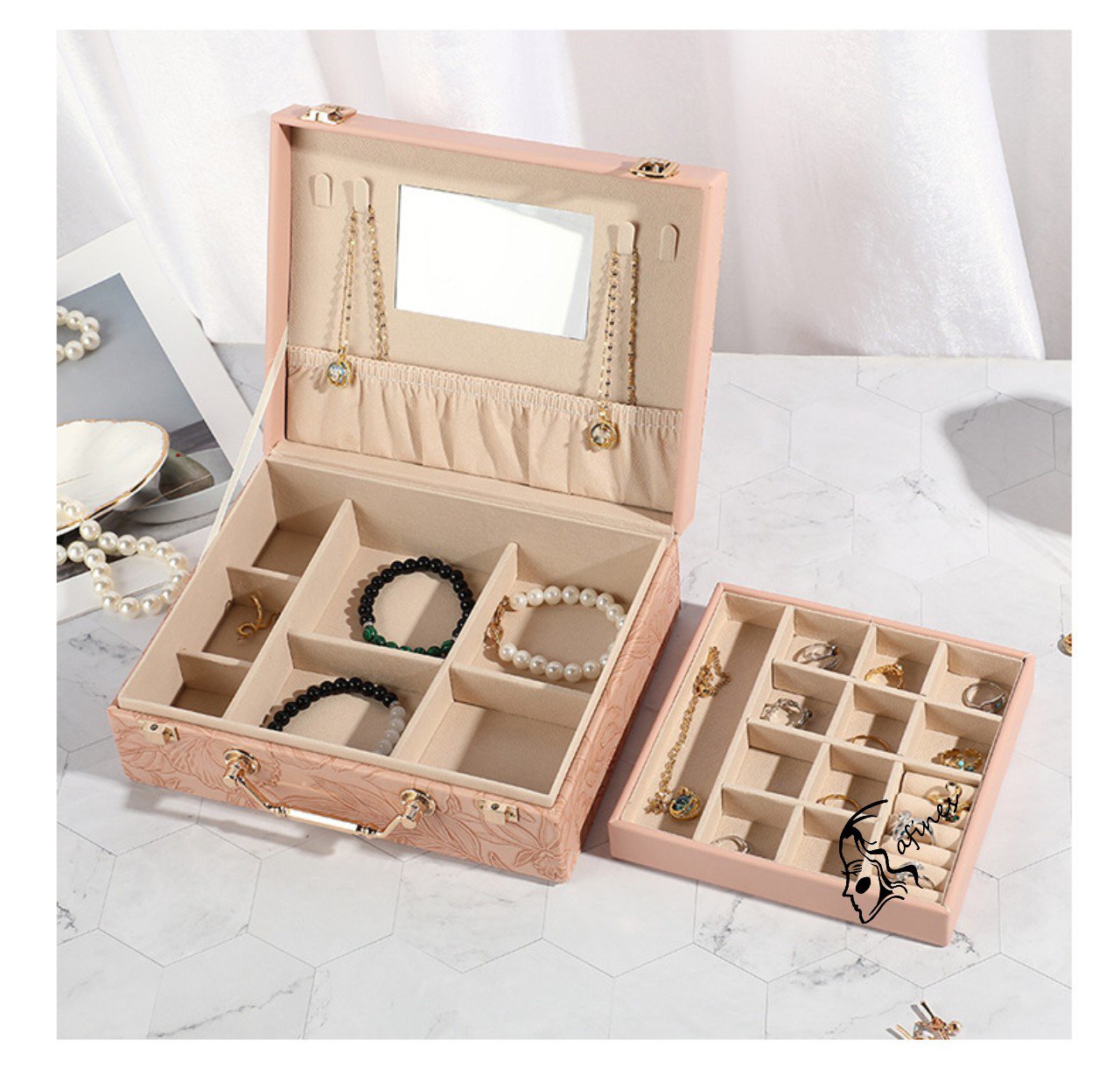 Multipurpose Luxury Self Textured Leather Jewelry Case Large Size With Mirror BT-07