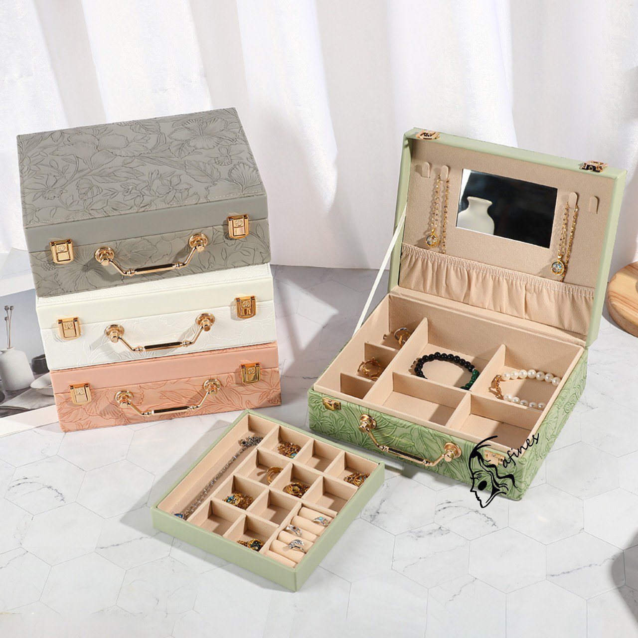 Multipurpose Luxury Self Textured Leather Jewelry Case Large Size With Mirror BT-07