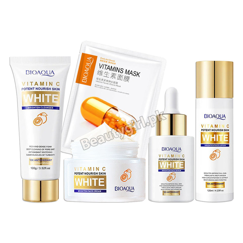 Bioaqua Vitamin C Brighten Face Serum + Face Cream + Oil Control Toner + Deep Cleansing Cleanser + Tender Elastic Sheet Mask