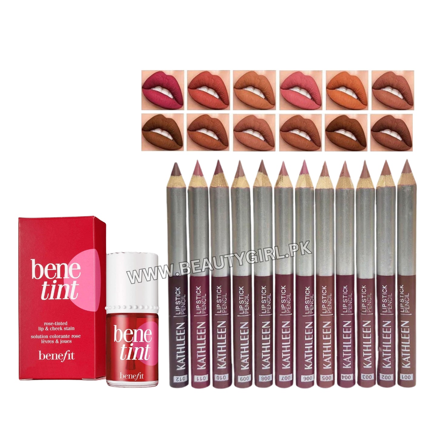KATHLEEN Lipstick Pencil 12Pcs Set + Benefit Benetint Cheek & Lip Stain 12.5ml