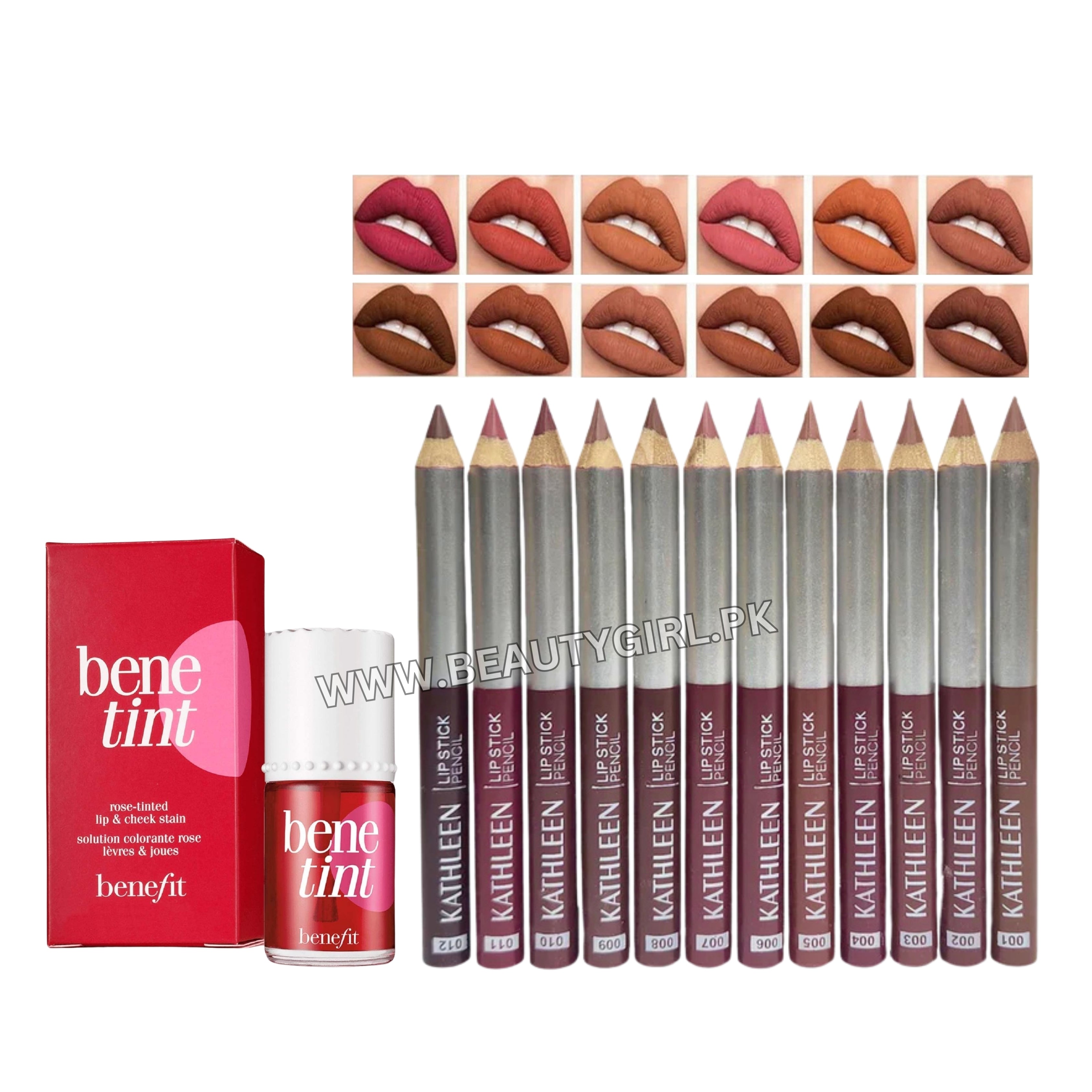 KATHLEEN Lipstick Pencil 12Pcs Set + Benefit Benetint Cheek & Lip Stain 12.5ml