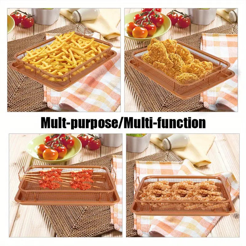 Copper Rectangle Crisper Tray Stainless Steel BBQ Basket with Non-stick Net for Grilling Vegetables And Frying Pan