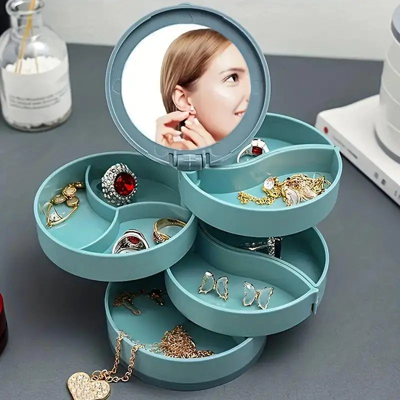 Portable Rotatable Multilayer Divider Grid Jewellery Organizer Box With Mirror Storage Box Jewelry Organizer