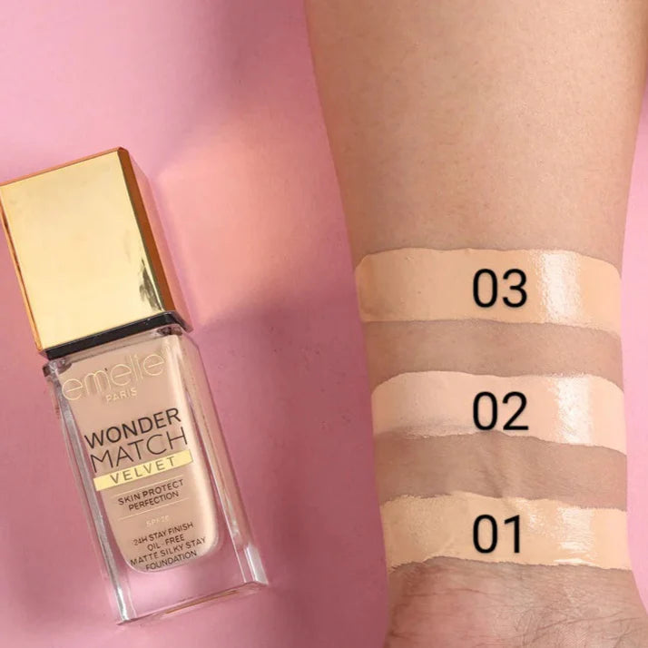 Emelie Wonder Match Velvet Skin Protect Perfection SPF20 24H Stay Finish Oil-Free Matte Silky Stay Foundation