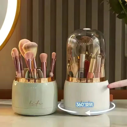 Cosmetic Storage Dustproof 360° Rotating Compartment Brush Holder Organizer