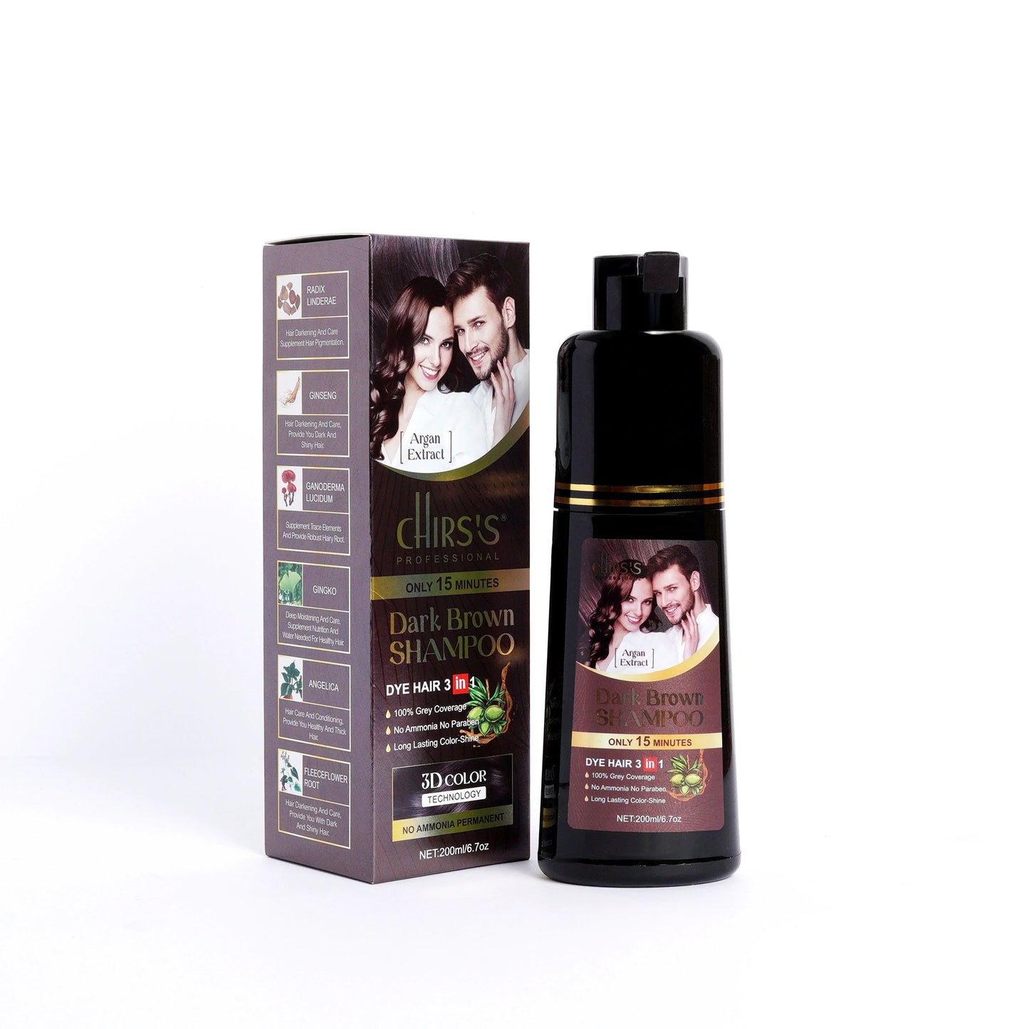 CHIRS'S  Professional Hair Color Shampoo 3 In 1 For Hair Beard And Moustache 200ml - Dark Brown