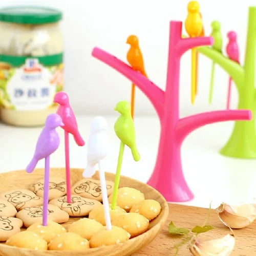 Mini Bird Shape Toothpick Fruit Fork With Tree Shape Stand