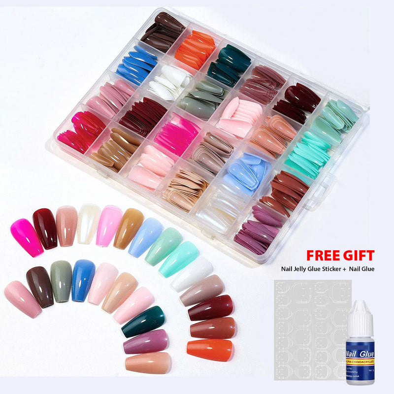 576Pcs False Nails Tips Short Coffin Almond French Artificial Nails Box (with Free Nail Jelly Glue Sticker +  Nail Glue))