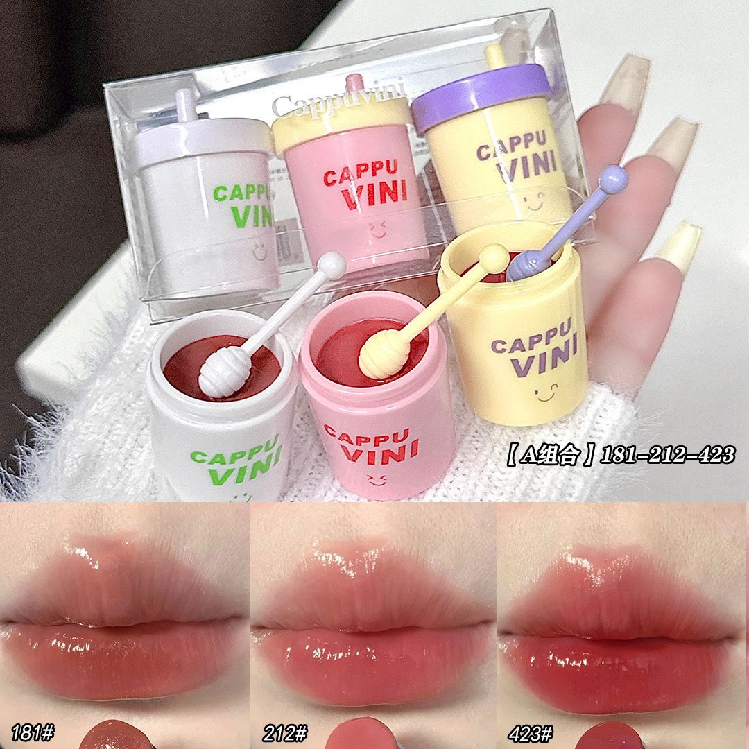 CAPPUVINI Cute Little Can Lip Glaze Moisturizing Mirror Water Lip Gloss 3Pcs Set