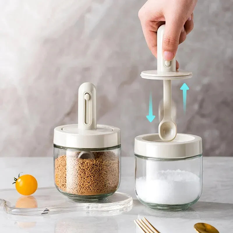 Glass Seasoning Bottle with Telescopic Spoon Leak Proof and Moisture-Proof Seasoning Jar 3pcs Set