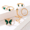 6 Pcs Green and Golden Snake And Butterfly Ring Set