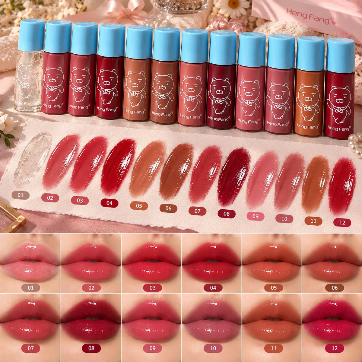 Heng Fang Bear Lip Gloss Set with Bow Handbag – 12 Pieces