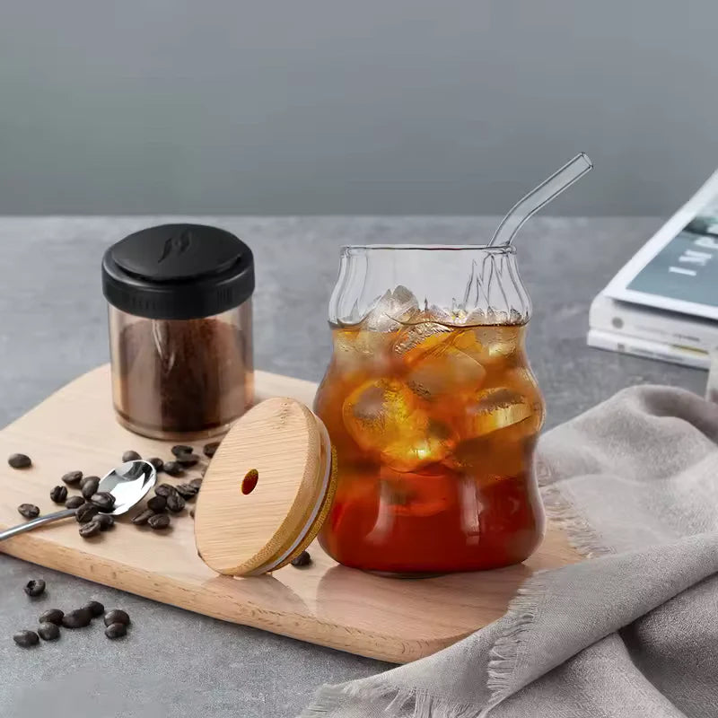 Transparent Ripple Glass Juice Jar With Bamboo Lid And Straw