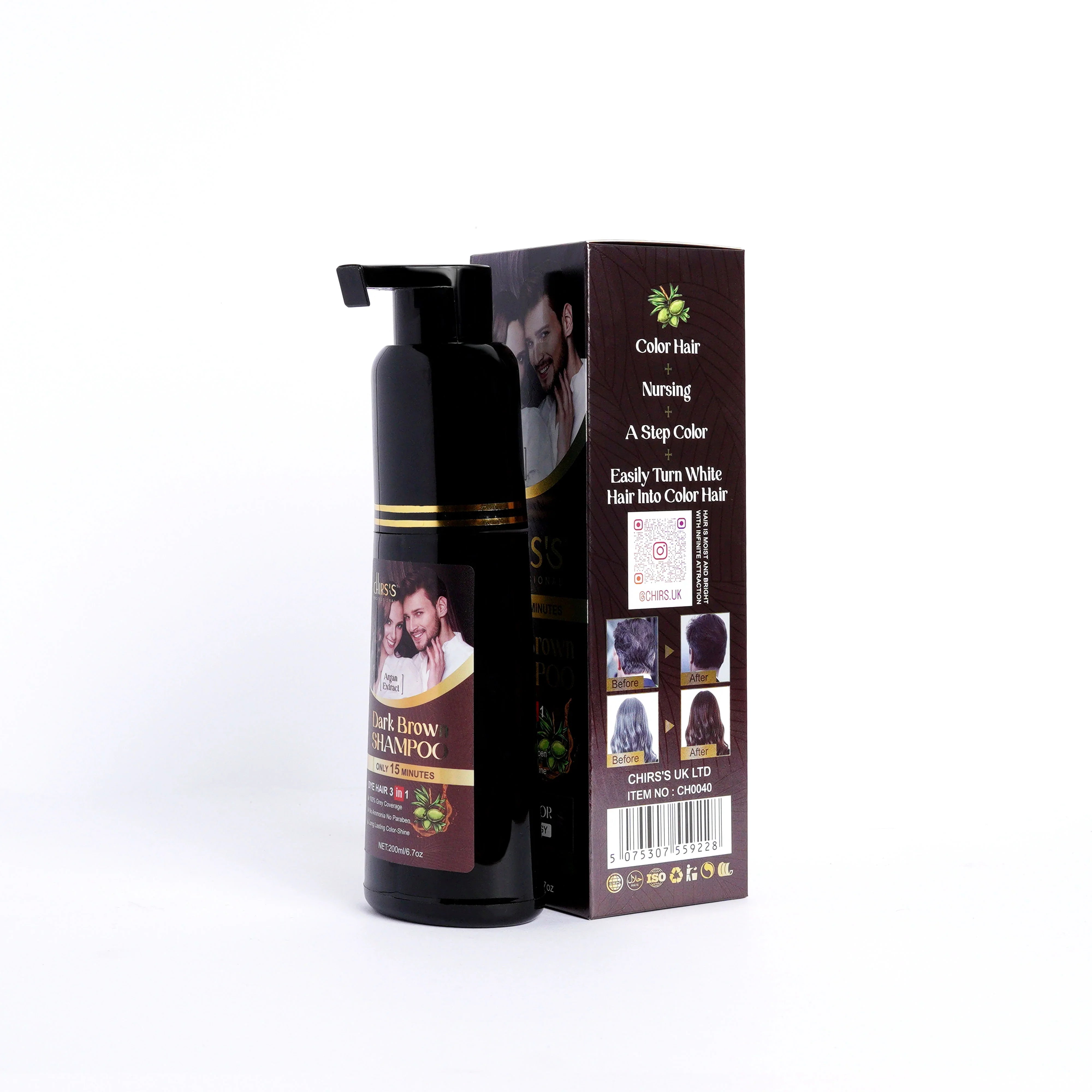 CHIRS'S  Professional Hair Color Shampoo 3 In 1 For Hair Beard And Moustache 200ml - Dark Brown