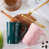 Love Heart Couple Cup Ceramic Coffee Mug Set With Lid And Spoon