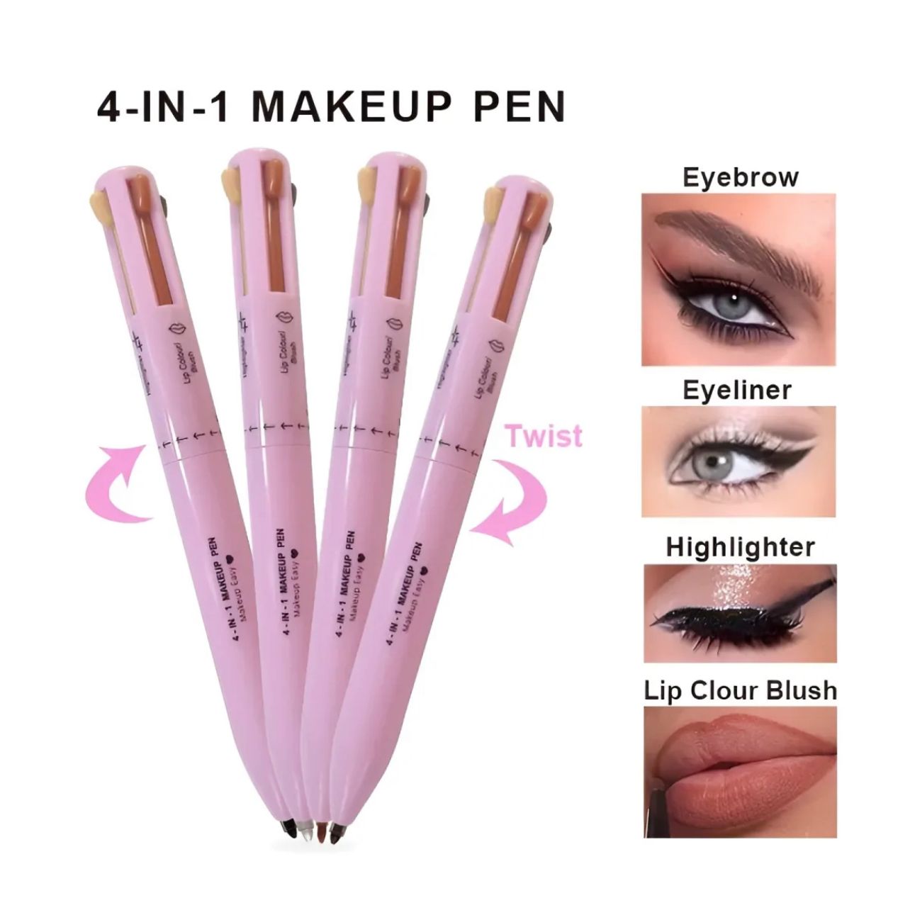 RoseFlower 4-in-1 Make-up-Stift – Eyeliner, Augenbrauenstift, Lipliner & Highlighter In Einem, Wasserfest, 4 Farben, Reisefreundlich
