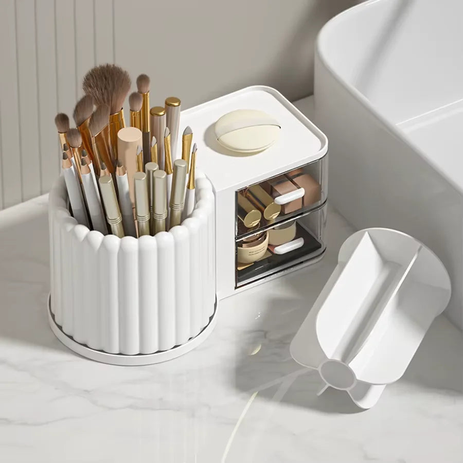 Multipurpose Nordic Style 360° Rotating Makeup Brush Holder Storage Box With Multiple Compartments Organizer