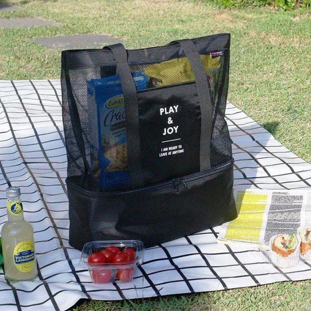 2in1 Double Layer Mesh Storage Picnic Bag With Insolated Cooler Portion