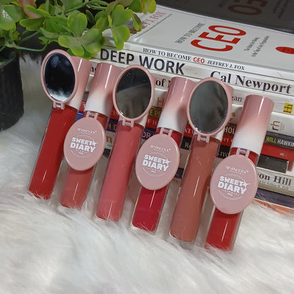 Sweet Diary Pro Long-Lasting Hydrating Liquid Lip Gloss with Built-in Mirror – Matte & Shiny Shades for All-Day Wear