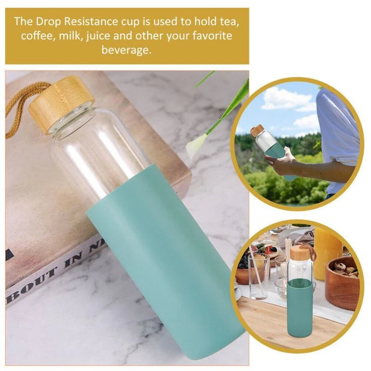 Glass Water Bottle with Wood Lid and Silicone Sleeve