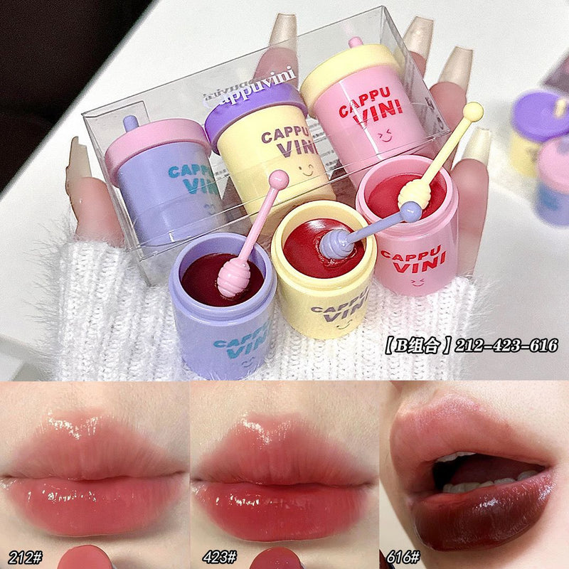 CAPPUVINI Cute Little Can Lip Glaze Moisturizing Mirror Water Lip Gloss 3Pcs Set