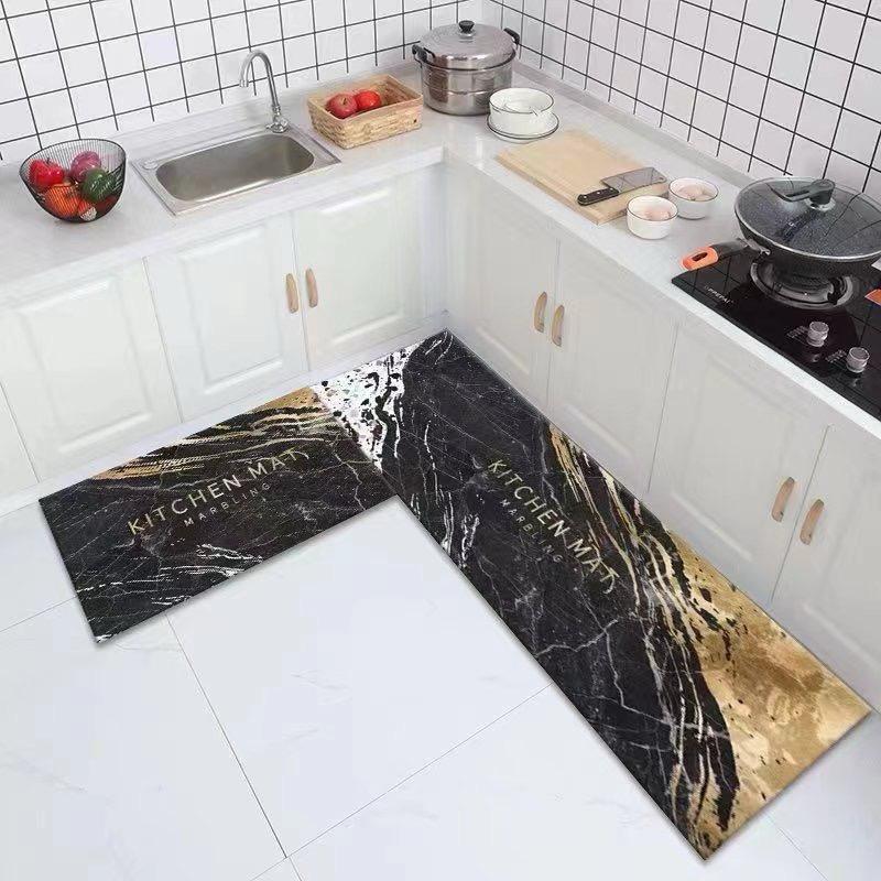 Anti Slip Absorbent Kitchen Floor Mat Washable Pair Of 2Pcs Black With Golden Kitchen Mat Marbling Design