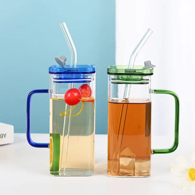 Borosilicate Transparent Square Glass Mug Tumbler With Plastic Lid And Sipper Straw 55501