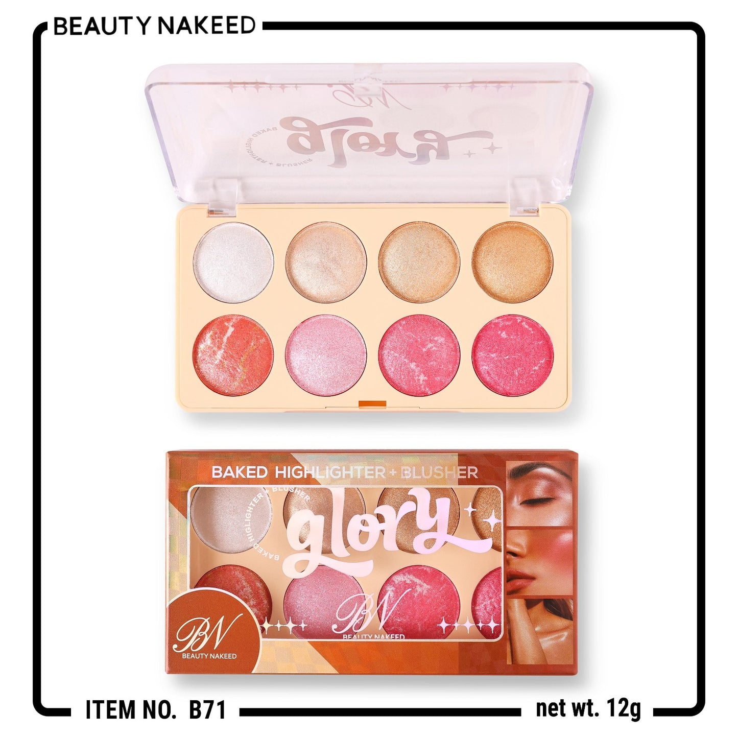 Beauty Nakeed BN 8in1 Highlighter Palette + Blusher