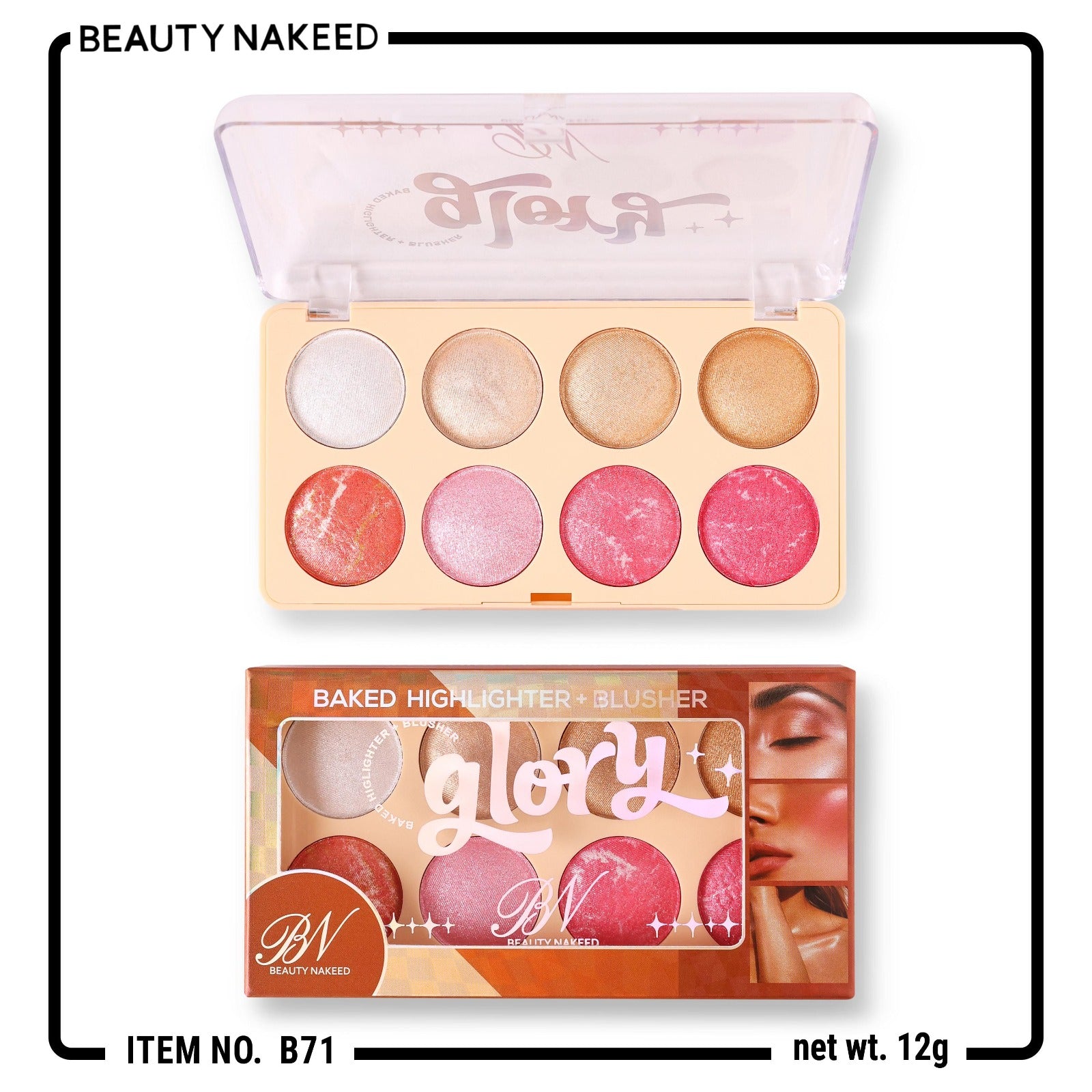 Beauty Nakeed BN 8in1 Highlighter Palette + Blusher
