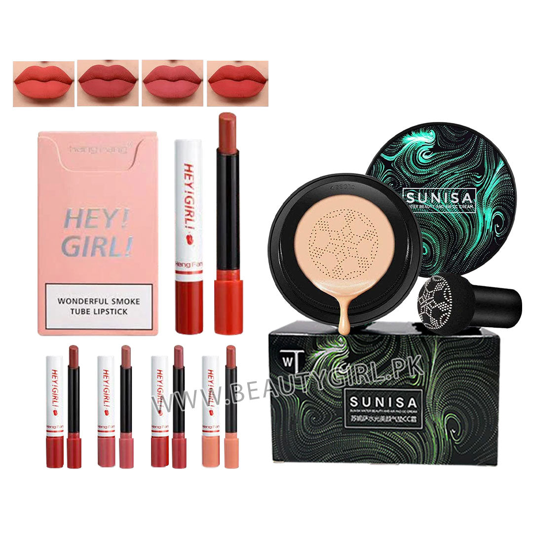 Sunisa 3 in 1 Air Cushion CC and BB Cream Foundation & Henfang Hey Girl Wonderful Smoke Tube Lipstick